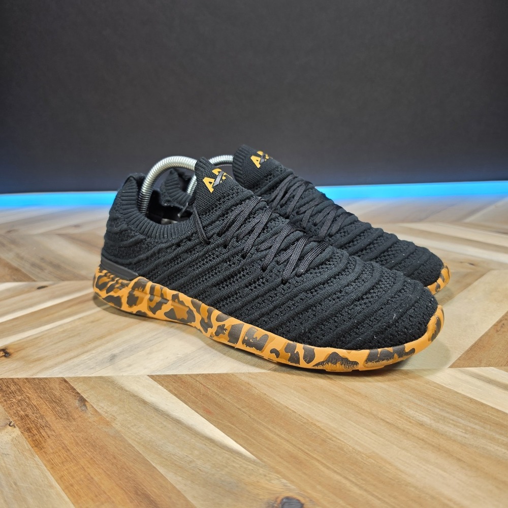 APL Techloom Wave Knit Running Shoes Black Orange Leopard Print Sneakers 10.5